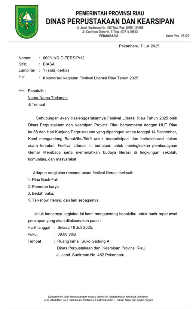 Undangan Kerjasama Pelaksanaan Riau Book Fair